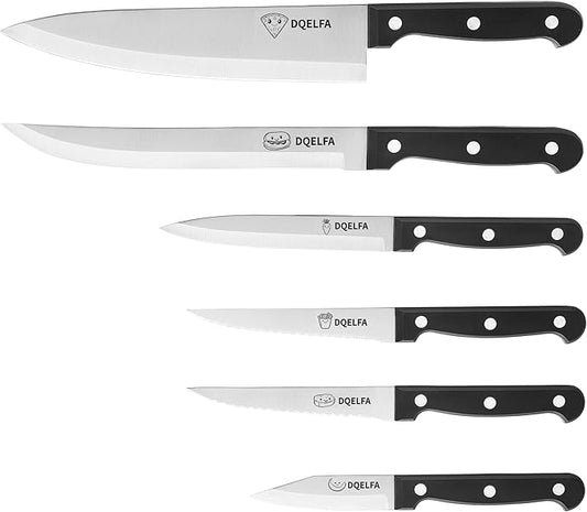 6 Piece Kitchen Knife Set, Stainless Steel Knife Set With Ergonomic Handle, Rustproof, Dishwasher Safe (Black, Fun Food Icons)