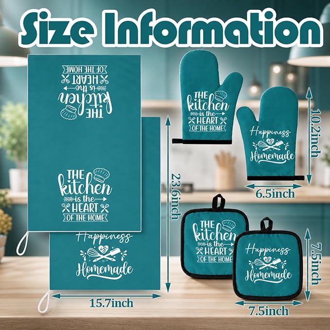 Sratte 6 Pcs Kitchen Decor Accessories Set Farmhouse Towels Pot Holders Oven Mitts Set 2 Dish Towels 2 Potholders 2 Cooking Mittens Oven Glove for Christmas Baking Cooking Supply(Teal,Kitchen)