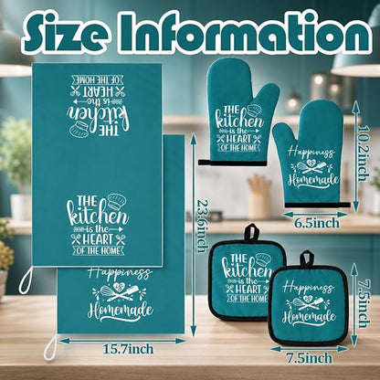Sratte 6 Pcs Kitchen Decor Accessories Set Farmhouse Towels Pot Holders Oven Mitts Set 2 Dish Towels 2 Potholders 2 Cooking Mittens Oven Glove for Christmas Baking Cooking Supply(Teal,Kitchen)