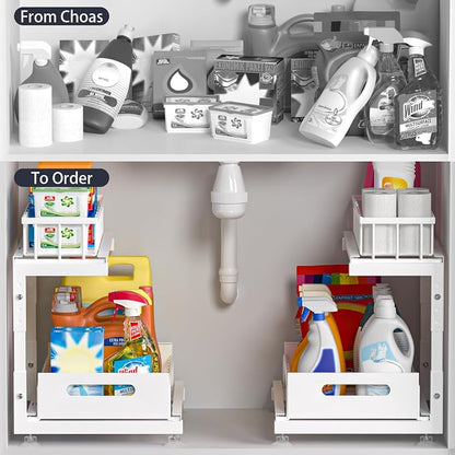 Saydear Under Sink Organizer, 2-Tier Premium Metal Pull-Out Racks with Adjustable Height, Heavy Duty Sliding Bin for Bathroom and Kitchen Cabinet Storage, Rust Resistant 2 Pack
