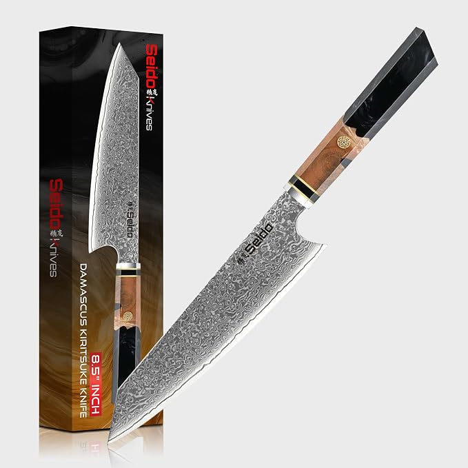 Seido Knives Kiritsuke Damascus Steel Chef Knife Epoxy Resin Stabilized Wood Handle Professional Kitchen Knife VG10 High Carbon Stainless Steel, Night Black
