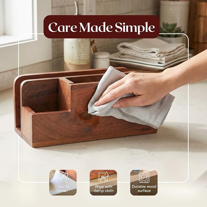 nestroots Silverware, Napkins & Spoon Holder, Acacia Wooden Utensil Caddy, Organizer Countertop, Cutlery Holder for Party, Fork, Knife Organizer