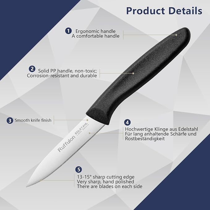 Paring Knife Fruit Knife Set (6 Pieces), Ultra Sharp Stainless Steel Vegetable and Fruit Knife with PP Plastic Ergonomic Handle for Cutting Fruits and Vegetables.Black.