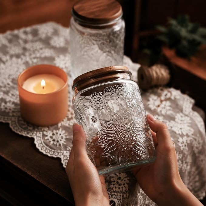 Custde 23.7 fl oz Vintage Glass Jar with Bamboo Lid - Airtight Decorative Food Storage Canisters for Kitchen Counter, Ideal for Candy, Sugar, Coffee, Tea, Cute jar(Sunflower*1)