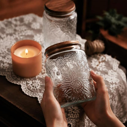 Custde 23.7 fl oz Vintage Glass Jar with Bamboo Lid - Airtight Decorative Food Storage Canisters for Kitchen Counter, Ideal for Candy, Sugar, Coffee, Tea, Cute jar(Sunflower*1)