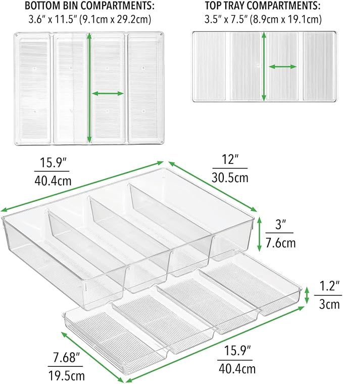 mDesign Plastic Kitchen Drawer Organizer Tray Set - Horizontal Storage Bin for Organizing Cutlery, Flatware, Silverware, Utensil, and Appliances - Ligne Collection - Clear