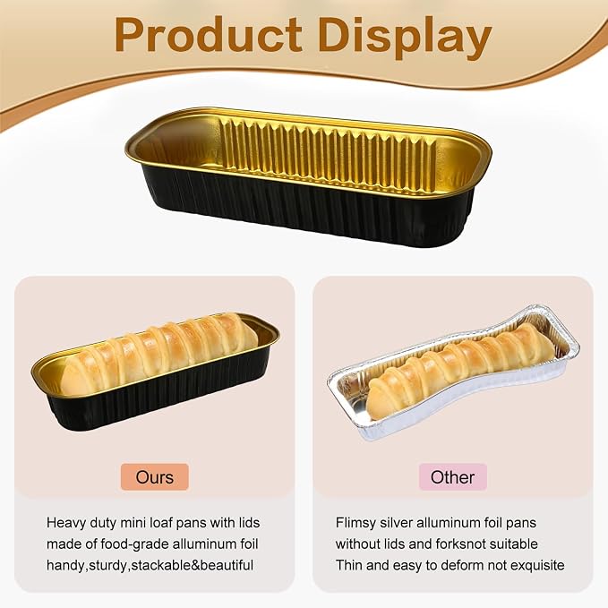 100 Pack Mini Cake Pans with Lids and Spoons, Mini Loaf Baking Pans 6.8oz, Small Disposable Aluminum Foil Loaf Pans, Rectangular Baking Container for Party and Picnics, Cheesecake Pan (Black)