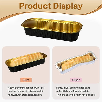100 Pack Mini Cake Pans with Lids and Spoons, Mini Loaf Baking Pans 6.8oz, Small Disposable Aluminum Foil Loaf Pans, Rectangular Baking Container for Party and Picnics, Cheesecake Pan (Black)