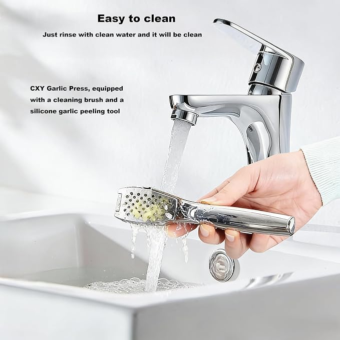 Garlic Press, Stainless Steel Garlic Crusher with Soft Ergonomic Handle, Rust-Proof Garlic Mincer Tool, Dishwasher Safe, Includes Silicone Garlic Peeler & Cleaning Brush