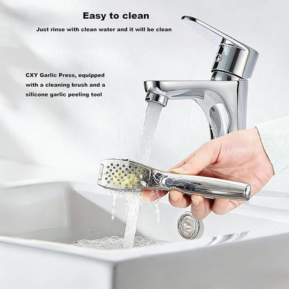 Garlic Press, Stainless Steel Garlic Crusher with Soft Ergonomic Handle, Rust-Proof Garlic Mincer Tool, Dishwasher Safe, Includes Silicone Garlic Peeler & Cleaning Brush