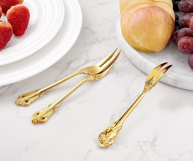 KEAWELL Luxury 6.3" Food Fork/Seafood Forks 18/10 Stainless Steel, Set of 6, Fruit Picks/Cocktail Forks/Charcuterie Accessories/Cocktail Picks for Appetizer, Cocktail, Pastry, Dessert (Gold)