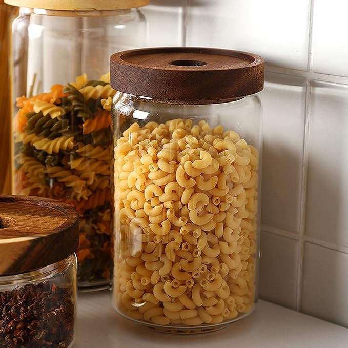 Bekith 3 Pack Glass Storage Containers with Airtight Seal Acacia Wood Lids, 31.6 FL OZ (950ml) Clear Glass Food Storage Jars for Kitchen, Glass Pantry Canister for Spaghetti Pasta, Coffee, Beans