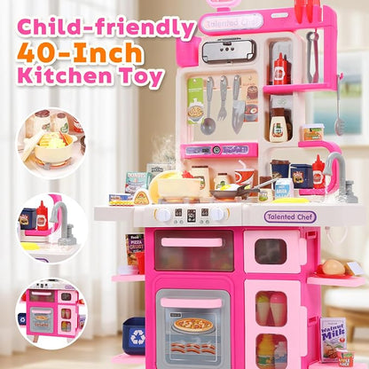CUTE STONE Kids Kitchen Playset, Play Kitchen Set with Sound & Light, Cooking Stove with Steam, Toy Sink,Play Food Toy and Kitchen Accessories for Pretend Play, Kitchen Toy Set for Toddler Girls, Pink