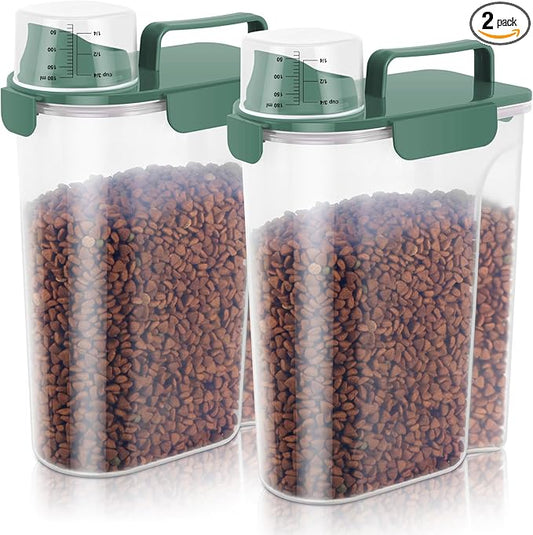 LEAWALK 5-7lbs Cat Dog Storage Container Portable with Upgraded Large Spout and Cup, Plastic Pet Food Dispenser BPA-Free for Small Animal Kibble, Bird Seed, Oatmeal, Rice, Flour-2Pack Dark Green