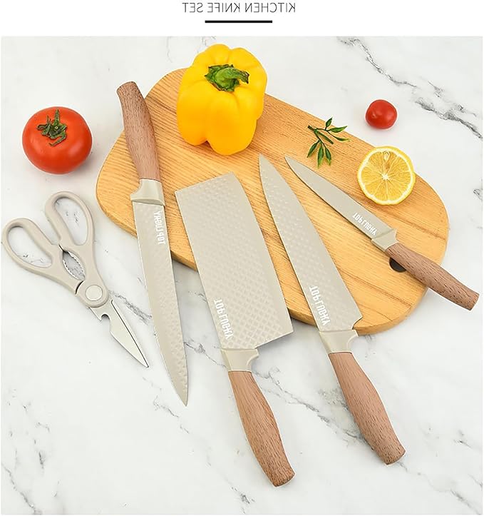 Kitchen Knife Set. 6-Pieces Luxury Wooden Coating, Light Wood Grain Handle, Stainless Steel Non-Stick Sharp Blade Chef Knife Set with Cylindrical Knife Block for Gift