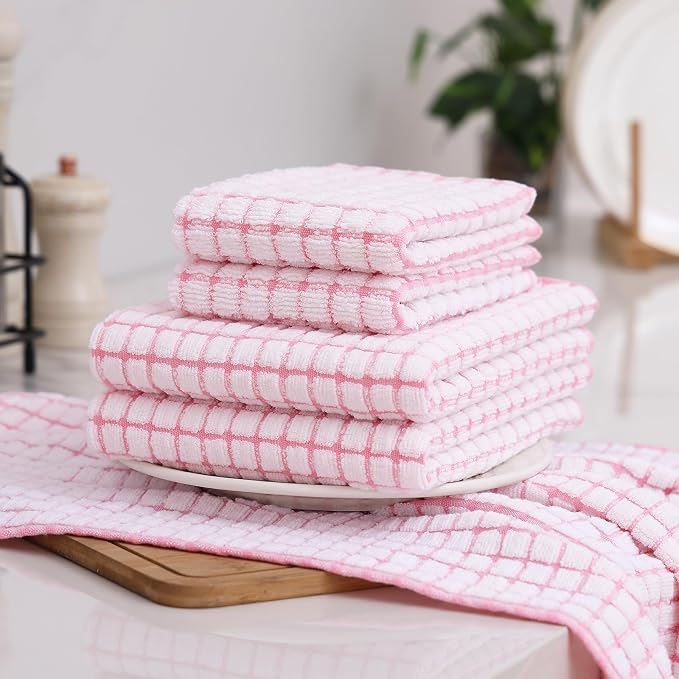 Homaxy Kitchen Towels and Dishcloths Set, 16 x 25 and 12 x 12 Inches, Set of 12 Cotton Terry Kitchen Dish Towels, Super Soft and Absorbent Dish Cloths, Pink