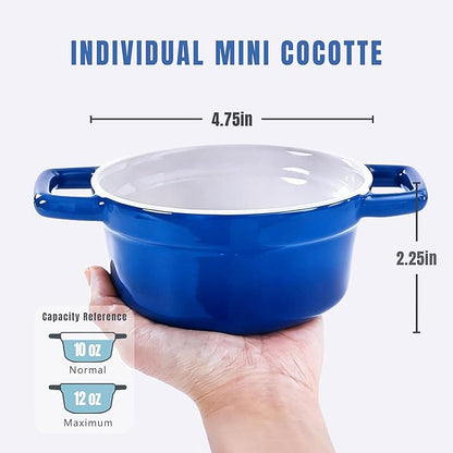 Lareina Mini Cocotte - 12oz Ceramic Casserole Dishes - Kitchen Casserole Sets With Handles And Lid - Small Baking Ramekins - Oven, Microwave & Dishwasher Safe - Set of 4 - Blue