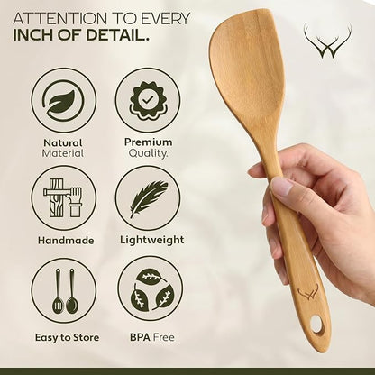 Prime Bamboo Wooden Spoons for Cooking Set of 3 Pcs – Wooden Cooking Utensils with Long Handle, Includes Flat Wood Spoon, Bamboo Spatula, and Slotted Spoon for Kitchen Utensils Set