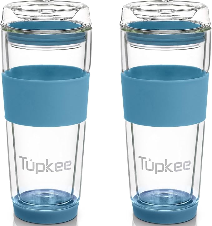 Double Wall All Glass Tumbler - 14-Ounce, Reusable Insulated Tea/Coffee Mug & Lid, Hand Blown Glass Travel Mug - Niagara - 2 Pack