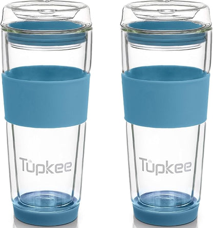Double Wall All Glass Tumbler - 14-Ounce, Reusable Insulated Tea/Coffee Mug & Lid, Hand Blown Glass Travel Mug - Niagara - 2 Pack