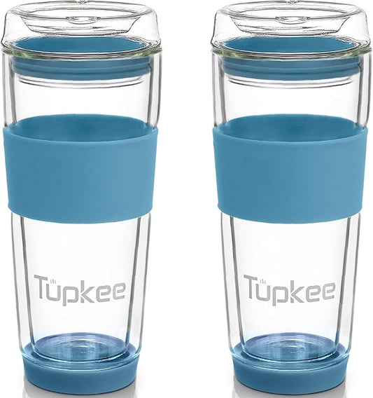 Double Wall All Glass Tumbler - 14-Ounce, Reusable Insulated Tea/Coffee Mug & Lid, Hand Blown Glass Travel Mug - Niagara - 2 Pack