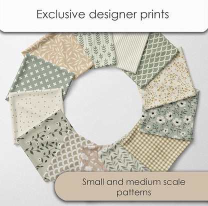 Cotton Satin Patchwork Fabric Panel – 35 Designs, 20×20 cm Squares, Single Piece 150×110 cm, Sage Green & Beige Patchwork Quilt Fabric (Meadow Breeze Patchwork Set, 35pcs 8x8 inch)