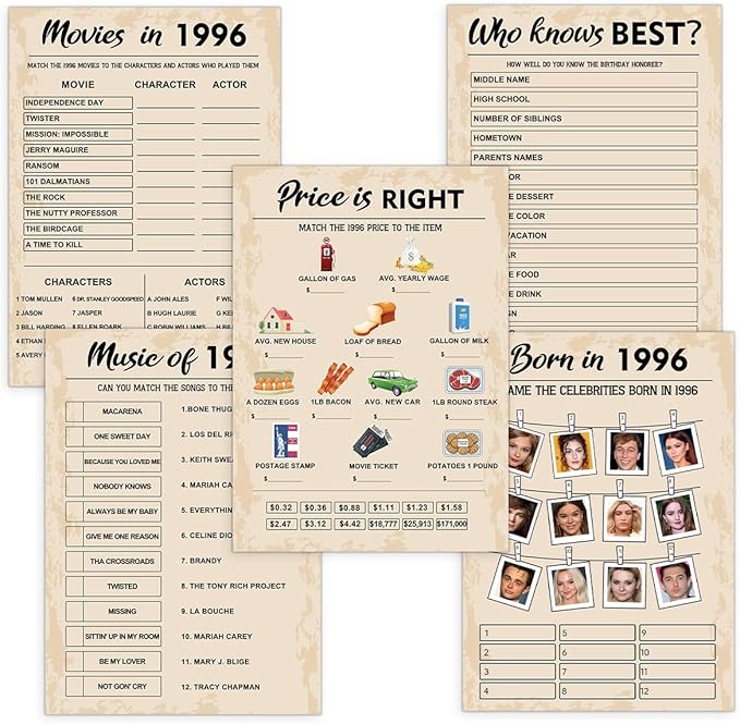 QUPT 30th Birthday Party Games, Set of 5 Activities for 10 Guests, Born in 1996 Games Bundle, Birthday Party Supplies for Adults, Pack of 50 Cards