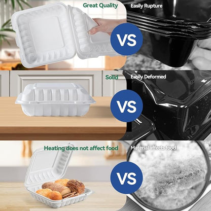 White To Go Containers 8" 34 oz 55 Pack - Shrink Wrap Ready to Use | Mineral Filled PP BPA Free Clamshell Boxes | Food Grade Freezer Microwave Dishwasher Safe | Bulk for Catering & Restaurants