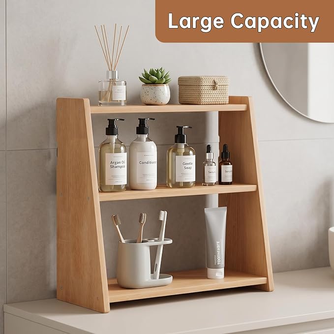 100% Solid Rubber Wood Spice Rack, 3 Tier Freestanding & Wall Mounted Kitchen Countertop Organizer, Trinket Shelf, Tiered Display Stand for Spices, Makeup, Collectibles & Home Decor