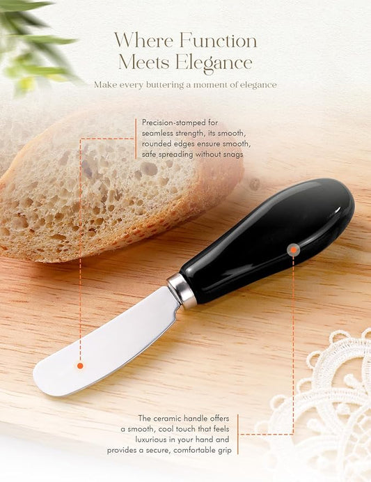 AISBUGUR 4 Pack Stainless Steel Butter Spreader Knife, Butter Knife with White Porcelain Handle, Cheese Butter Spreader Knives for Kitchen, Black