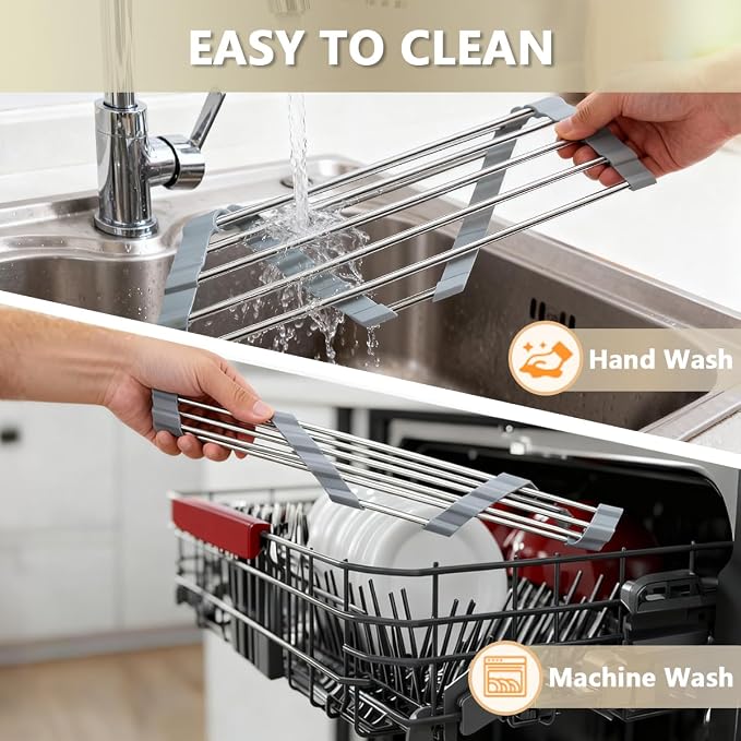 Credon Triangle Roll Up Dish Drying Rack, Foldable Multipurpose Corner Sink Caddy, Stainless Steel Anti Slip and Rust Proof Kitchen Sink Drainer Organizer, Small Space Solutions (Grey)