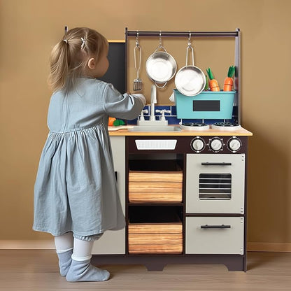 Play Kitchen for Kids, Wooden Kids Play Kitchen Playset Chef Pretend Play Set for Toddlers, Toys Kitchen with 12 Pcs Toy Food & Cookware Accessories