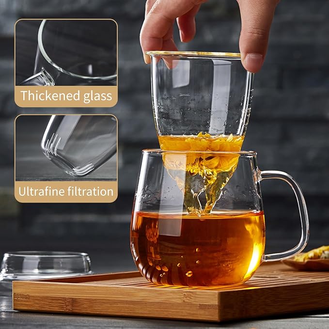 DOPUDO Large Glass Tea Cup, 25.6 oz Borosilicate Glass Tea Mug with Infuser and Lid, Clear Tea Cups for Brewing Scented Tea and Tea Bag.