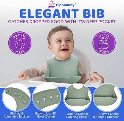 HippoBaby Baby Led Weaning Supplies | 10 Piece Silicone Baby Feeding Set, Baby Toddler Bib Cup Divided Plate and Bowl Self Feeding Spoons Dish Set,Baby Utensils | Toddler Feeding Supplies