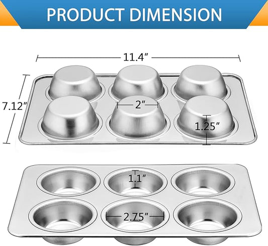 E-far Stainless Steel Muffin Pan, 6-Cup Cupcake Pan Tin for Baking, Metal Muffin Pan Tray Mold, Non-toxic & Healthy, Oven & Dishwasher Safe, Regular Size - 11.44 x 7.12 x 1.25 Inch