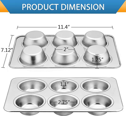 E-far Muffin Pan Set of 2, Stainless Steel Muffin Pan Tin for Baking, 6-Cup Metal Cupcake Pan Tray, Non-toxic & Healthy, Oven & Dishwasher Safe, Regular Size - 11.44 x 7.12 x 1.25 Inch