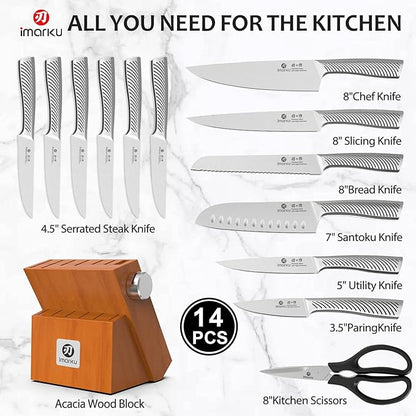 imarku Knife Set, 14 Piece Premium Japanese High-Carbon Stainless Steel Knife Block Set, Ultra-Sharp Kitchen Knife Set with Sharpener, Ideal Home Cooking Gift for Men