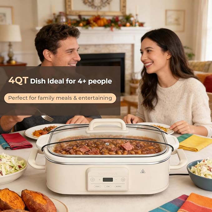 4 Quart Casserole Programmable Slow Cooker with Ceramic Baking Dish - Perfect Kitchen Small Appliance for Family Dinners, Oven Safe and Durable Bakeware for Lasagna, Roasts, Oatmeal