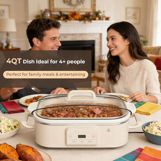 4 Quart Casserole Programmable Slow Cooker with Ceramic Baking Dish - Perfect Kitchen Small Appliance for Family Dinners, Oven Safe and Durable Bakeware for Lasagna, Roasts, Oatmeal