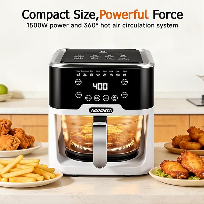 Glass Air Fryer, Portable Air Fryer with 6.0QT Glass Container, Adjustable Time & Temp, Power-Off & Overheat Protection, 8-in-1 Non Toxic AirFryer for Quick Easy Meals