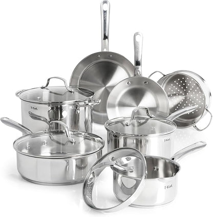 T-fal Stainless Steel Pots and Pans Set 11 Piece, Induction, Oven Broiler Safe 500F, Kitchen Cooking Set w/Fry Pans, Saucepans, Saute Pan, Steamer, Cookware, Dishwasher Safe, Silver