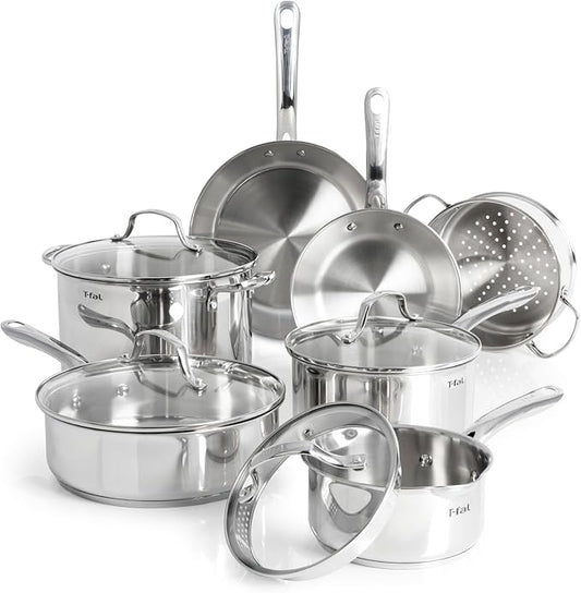 T-fal Stainless Steel Pots and Pans Set 11 Piece, Induction, Oven Broiler Safe 500F, Kitchen Cooking Set w/Fry Pans, Saucepans, Saute Pan, Steamer, Cookware, Dishwasher Safe, Silver