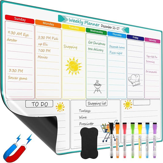 MaxGear Weekly Dry Erase Board for Fridge, 16"x12" Magnetic Calendar Whiteboard Planner for Refrigerator with Stain Resistant Technology, Include 7 Fine Point Markers and 1 Eraser