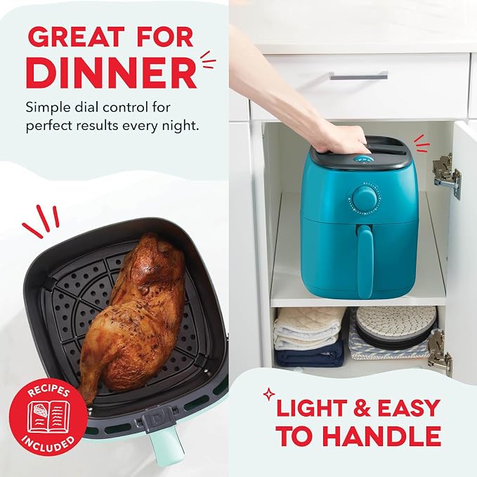 Dash Tasti-Crisp™ Air Fryer - AirCrisp® Technology - Compact Design with Adjustable Temperature Control - Nonstick Fry Basket & Auto Shut-Off Feature - 2.6 Quarts - Teal