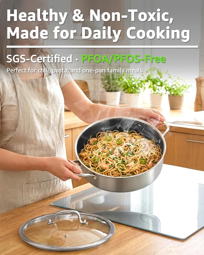 LOLYKITCH 5 QT Hybrid Ceramic Non Stick Tri-Ply Stainless Steel Sauté Pan with Lid,12 Inch Jumbo Cooker,PFOA & PFOS Free,Induction Cooking Pot, Dishwasher and Oven Safe