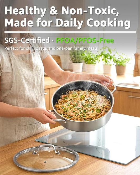 LOLYKITCH 5 QT Hybrid Ceramic Non Stick Tri-Ply Stainless Steel Sauté Pan with Lid,12 Inch Jumbo Cooker,PFOA & PFOS Free,Induction Cooking Pot, Dishwasher and Oven Safe