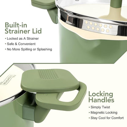 MICHELANGELO Pasta Pot with Strainer Lid - 6 Quart Cooking Pot with Lid, Non Stick Spaghetti Pot Ceramic Coated with Twist and Lock Handles for Easy Draining, Induction Compatible, Roden Green