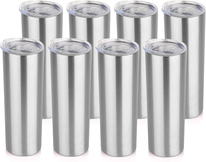 HASLE OUTFITTERS 20 oz Skinny Tumblers Bulk Set, Stainless Steel Insulated Slim Tumblers with Lids Travel Water Cups(Stainless Steel, 8)