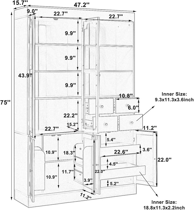 VilroCaz 75'' Tall Freestanding Kitchen Pantry Cabinet, Wood Large Cupboard Storage Buffet with Hutch, 4 Drawers, Door Shelves and Pull-Out Trays for Dining Room, Living Room (Gray-10.13)