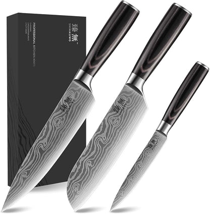 3-Piece Kitchen Knife Set, High Carbon Stainless Steel Blades with Wave Pattern, Ergonomic Pakkawood Handle - Includes 8" Chef, 7" Santoku & 5" Utility Knives